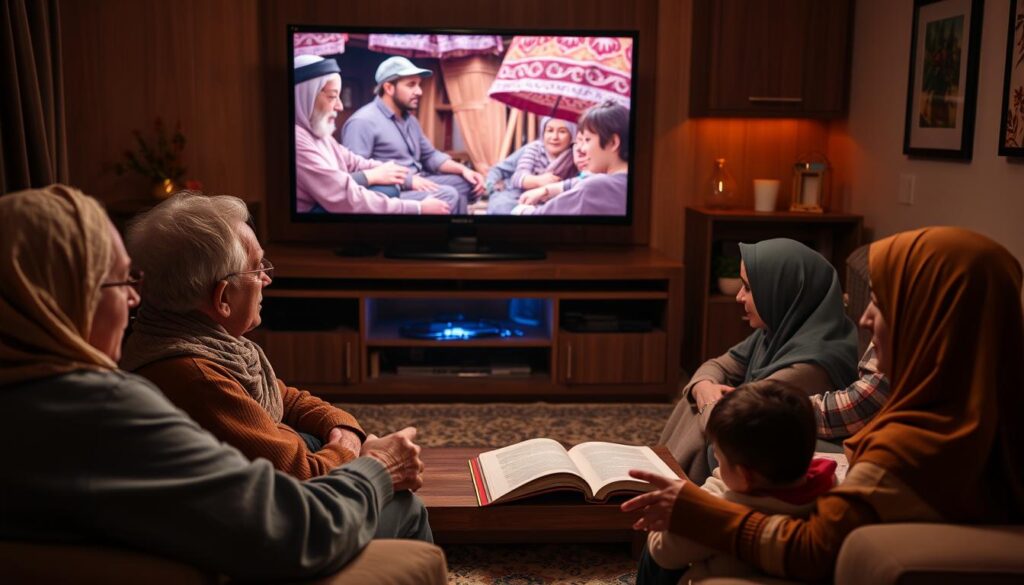 Family watching an Islamic documentary together, engaging in intergenerational learning Family watching an Islamic documentary together, engaging in intergenerational learning
