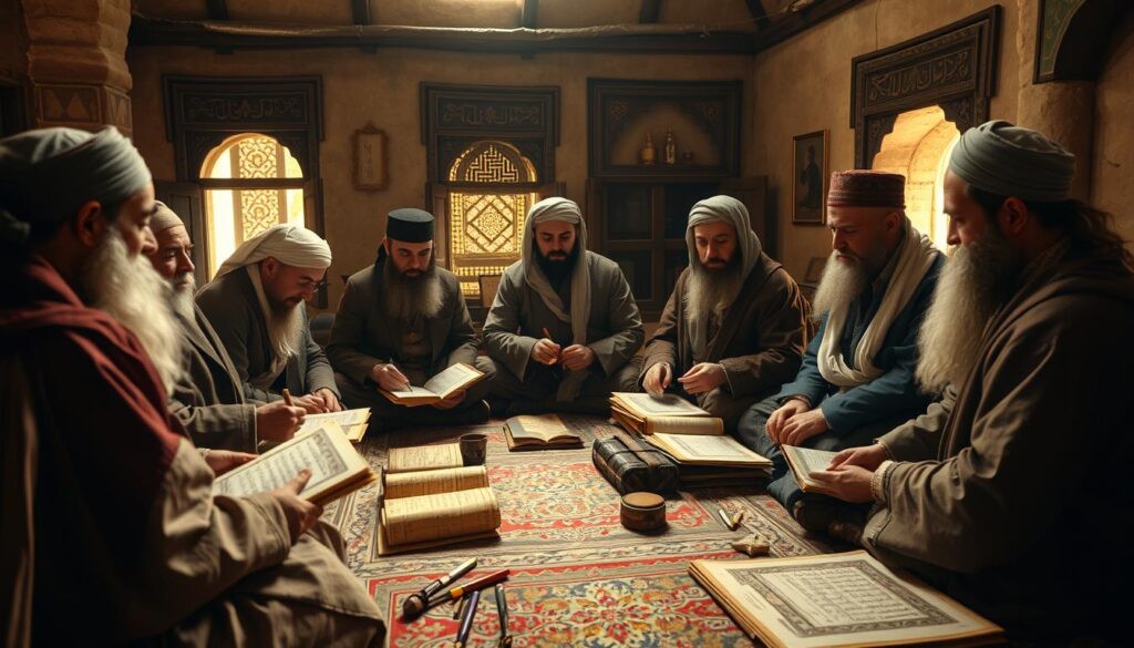 Historical reenactment of early Hadith scholars compiling traditions Historical reenactment of early Hadith scholars compiling traditions