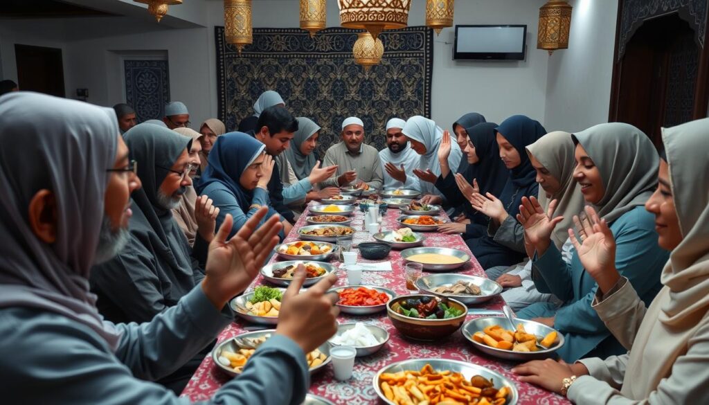 Muslim community breaking fast together during Ramadan Muslim community breaking fast together during Ramadan