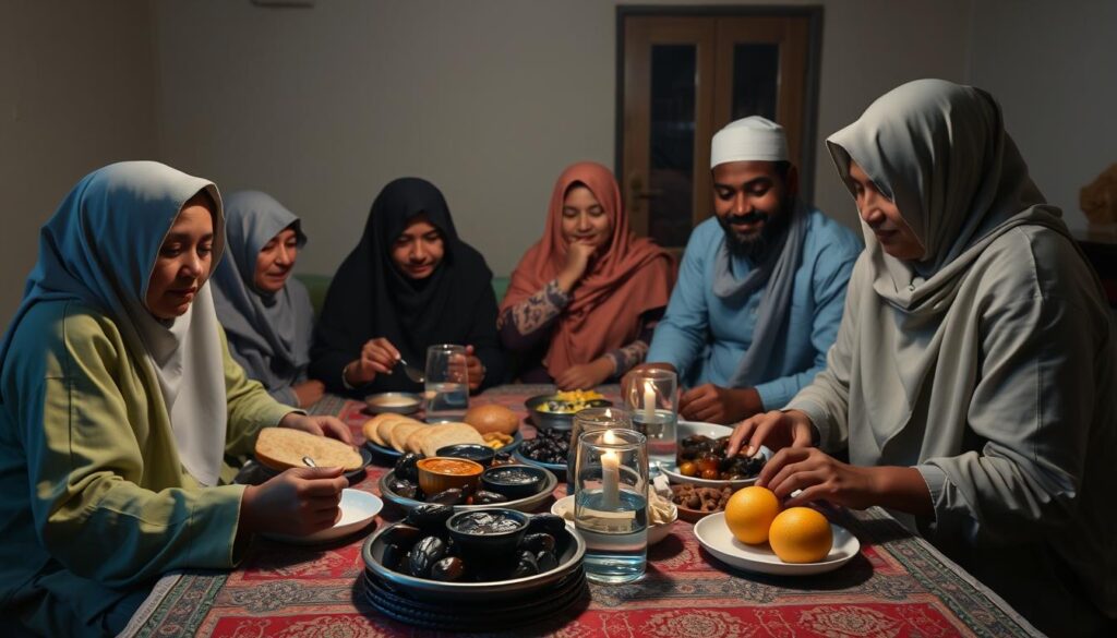 Muslim family having suhoor meal before fasting during Ramadan Muslim family having suhoor meal before fasting during Ramadan