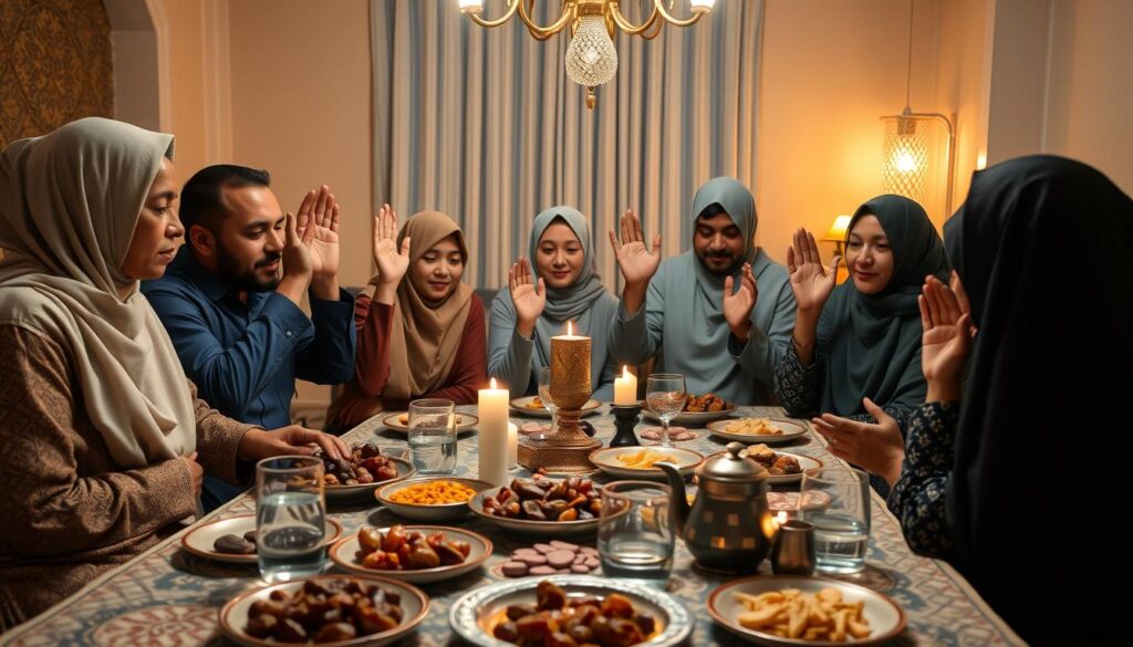 Muslim family making dua together before iftar during Ramadan Muslim family making dua together before iftar during Ramadan