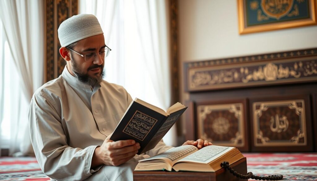 Muslim man reading Quran while fasting during Ramadan Muslim man reading Quran while fasting during Ramadan