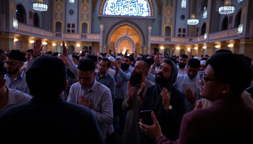Muslim worshippers praying during Laylat al-Qadr in a mosque Muslim worshippers praying during Laylat al-Qadr in a mosque