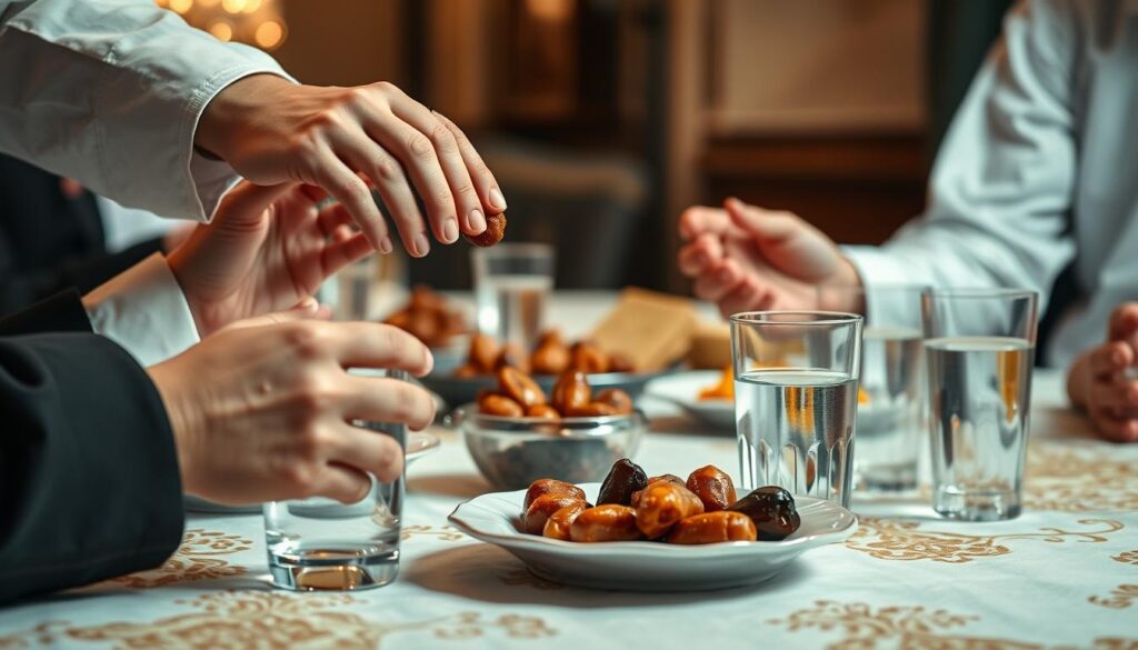 Muslims breaking fast with dates and water at iftar during Ramadan Muslims breaking fast with dates and water at iftar during Ramadan
