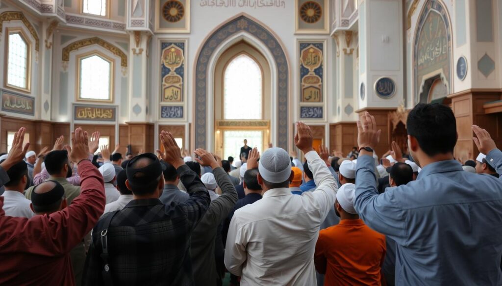 Muslims making dua after congregational prayer during Ramadan Muslims making dua after congregational prayer during Ramadan