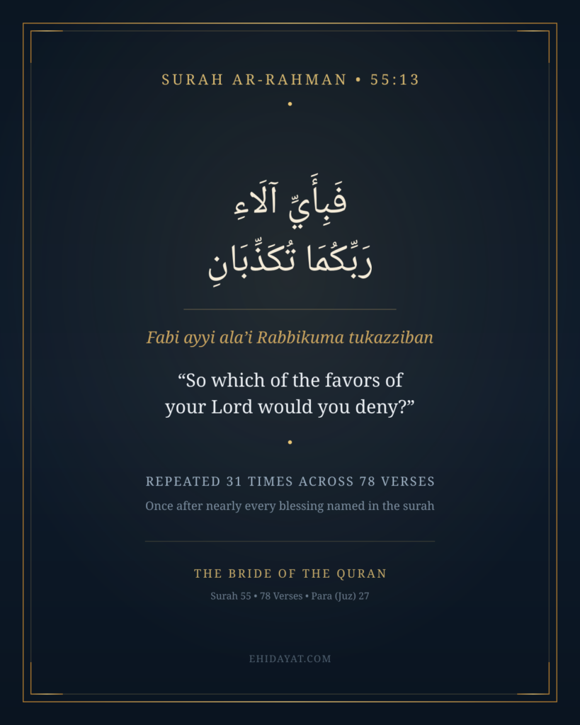 Read Surah Rahman (55) online — full Arabic text, translation & transliteration. Which para is it in, and is the "Bride of Quran" hadith authentic?